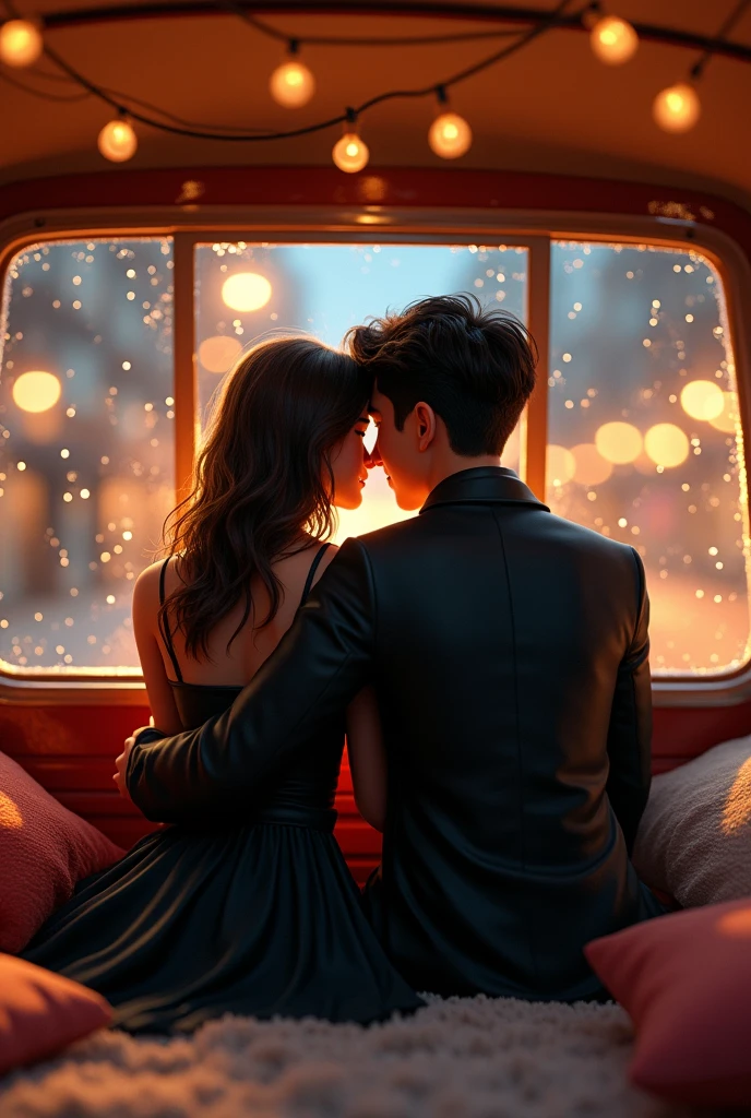 3d cartoon couple in black clothes looking out the window, inside a van