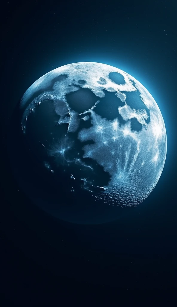 An overhead view of the Super Blue Moon, captured from directly above as if by a high-flying drone. The moon fills the frame with its immense size, showcasing the intricate details of its surface, including craters, valleys, and shadows. The surrounding sky is dark and deep, with faint stars visible around the edges. The view emphasizes the moon’s enormous scale, making it appear almost surreal as it hovers in the sky. The perspective creates a sense of floating in space, with the Earth’s landscape barely visible below.
