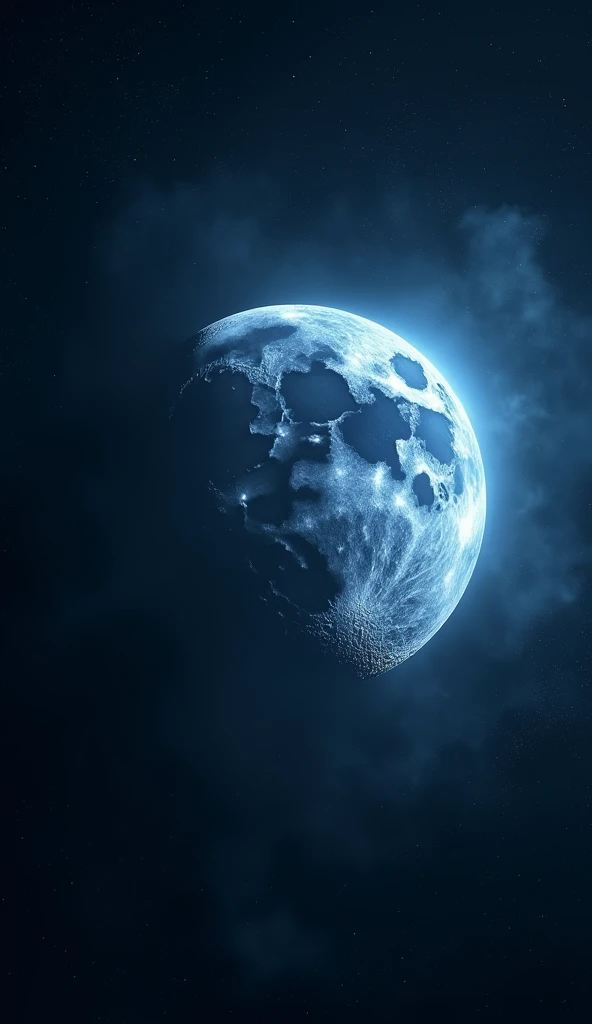 An overhead view of the Super Blue Moon, captured from directly above as if by a high-flying drone. The moon fills the frame with its immense size, showcasing the intricate details of its surface, including craters, valleys, and shadows. The surrounding sky is dark and deep, with faint stars visible around the edges. The view emphasizes the moon’s enormous scale, making it appear almost surreal as it hovers in the sky. The perspective creates a sense of floating in space, with the Earth’s landscape barely visible below.