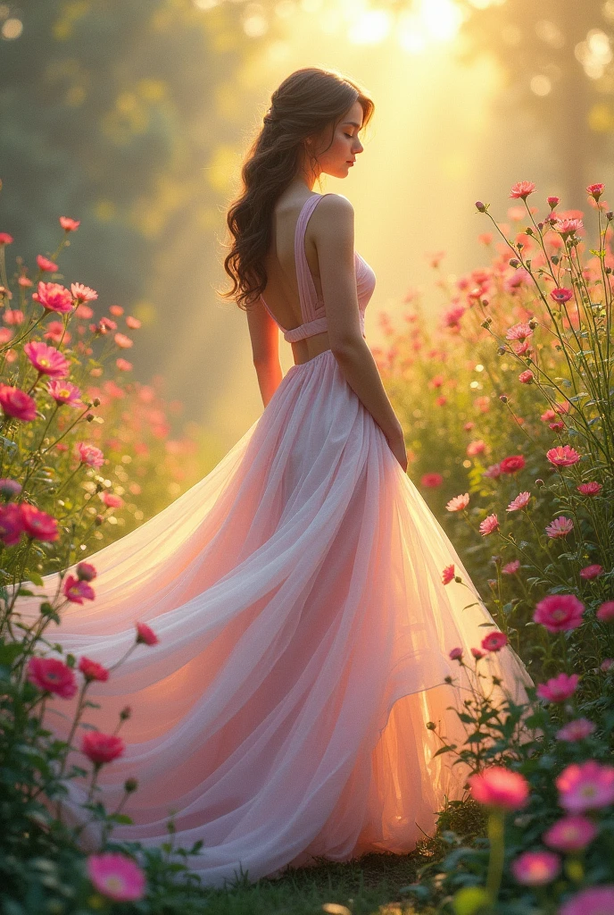 Visualize a young woman in a flowing gown, surrounded by blooming flowers, with the early morning sun casting a golden light on her figure. Use wet on wet technique to blend the colors and create a soft, gradient effect that highlights her silhouette.