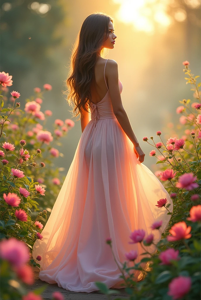 Visualize a young woman in a flowing gown, surrounded by blooming flowers, with the early morning sun casting a golden light on her figure. Use wet on wet technique to blend the colors and create a soft, gradient effect that highlights her silhouette.