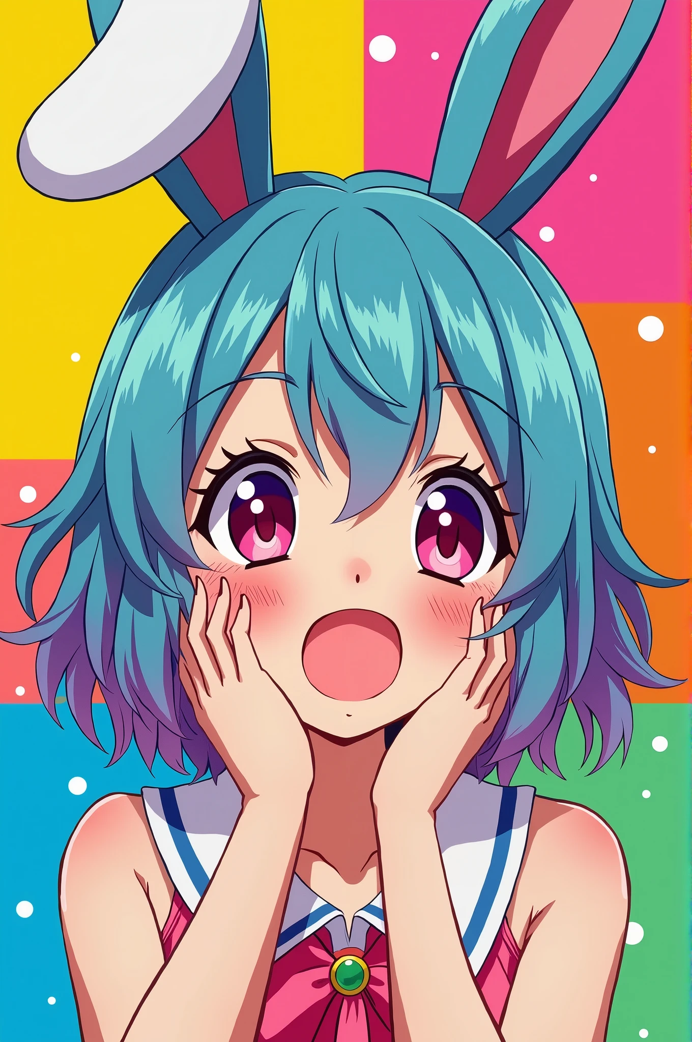 japanese anime character, bunny ears, portrait , (Andy Warhol)
