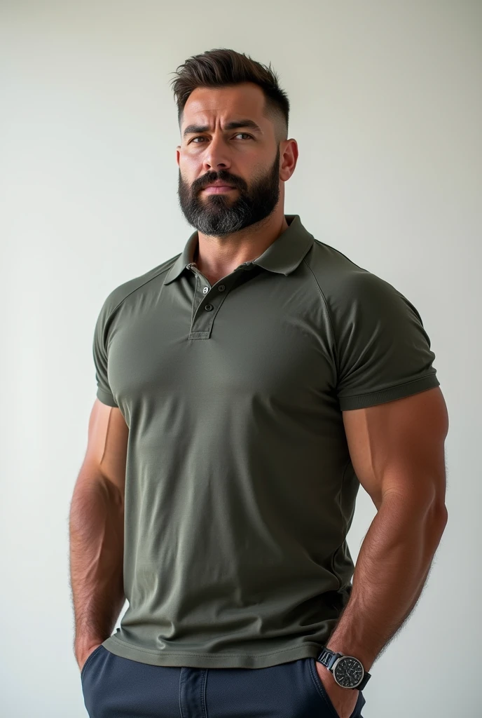 40-year old man, masculine features, strong brow, chinstrap beard, muscle, muscular, large man, huge man, abs, biceps, lean, thick neck, blond,  wearing small polo shirt, polo shirt, olive skin, crossed arms, ultrarealistic, well-lit, good lighting, very detailed, 8k