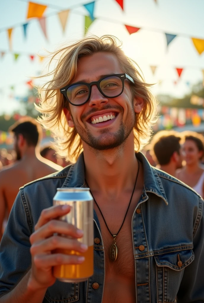 Un grand blond au cheveux blond long et bouclés en bataille. Il porte une veste en jean et boit une bière en canette. Des petites lunettes a monture noire et un grand sourire un peu idiot
