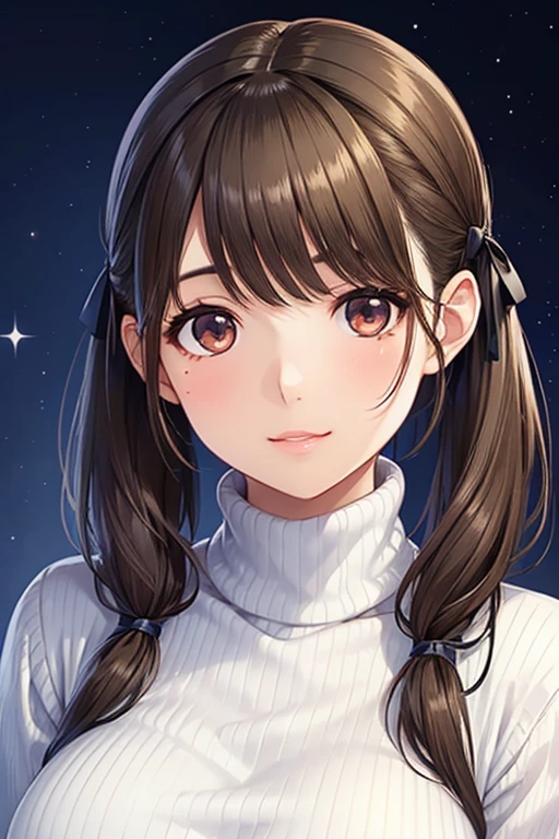 anegasaki nene、Shiny brown hair, short hair, (Beautiful brown eyes、Sparkling eyes, Fine grain)、smile、Ultra-detailed eyes、Highly detailed face, Highly detailed eyes,
One person, alone, Long Hair, sweater, red sweater, View your viewers, Blue background,
Simple Background, Both sides up, turtleneck, lips, Mouth closed, ribbon, hair ribbon, bangs, turtleneck sweater, Upper Body, parted bangs, black ribbon, ribbed sweater, Twin tails, nose,