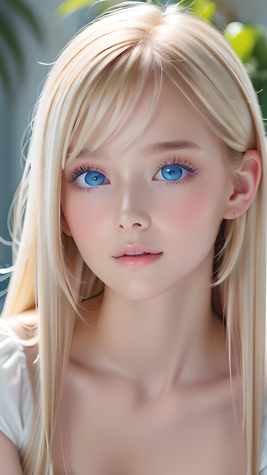Beautiful white and shining skin、Blonde hair that changes color depending on the light、Bangs between eyes obstruct vision、Shiny highlights on the cheeks、Sexy, very beautiful, lovely, cute, gorgeous face、The most beautiful face in the world、super long and gorgeous blonde hair、Smooth straight hair、Large Breasts, Very large, Beautiful sparkling bright blue eyes、Beautiful Bangs、Beautiful cute.Small Face Beauty、Cheek Gloss Highlighter、Round face