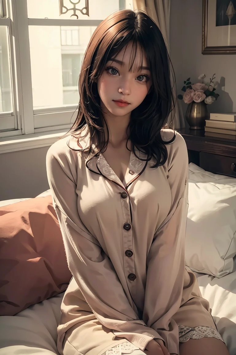 1girl, sitting on bed, wearing sexy pajamas, bedroom interior, dim lighting, (best quality,4k,8k,highres,masterpiece:1.2),ultra-detailed,(realistic,photorealistic,photo-realistic:1.37),beautiful detailed eyes,beautiful detailed lips,extremely detailed face,longeyelashes,intricate details,soft lighting,warm color tones,bedroom atmosphere,cozy ambiance