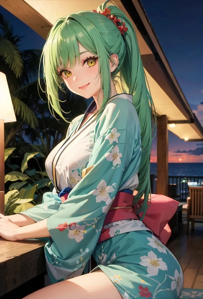 (Tropical hotel style), (relax pose), (solo:2, 15 yo), (beautiful detailed ponytail green hair long hair) (best beauty girl) (beautiful sexy yellow eyes) (cute smile) (glossy lip, love smile), (medium tits), in a cute green kimono, break, in the Resort hotels in bedroom, background beautiful ocean and night ski, BREAK, 16K, masterpiece, best quality.