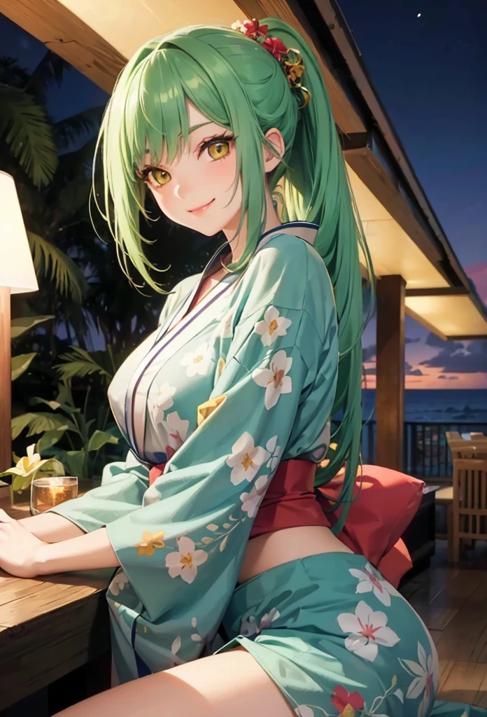 (Tropical hotel style), (relax pose), (solo:2, 15 yo), (beautiful detailed ponytail green hair long hair) (best beauty girl) (beautiful sexy yellow eyes) (cute smile) (glossy lip, love smile), (medium tits), in a cute green kimono, break, in the Resort hotels in bedroom, background beautiful ocean and night ski, BREAK, 16K, masterpiece, best quality.