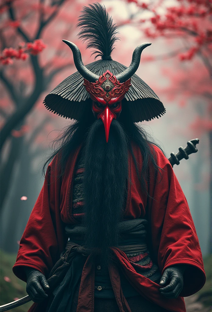Japanese Mythology,Making a Tengu, Red Mask, Long Nose, Feather Hat, 8k, Surrealism, Cinematic,Red Maskと帽子をかぶった、Long bearded man, A villain wearing a red demon mask, Samurai wearing a demon mask, samurai portrait photo, demon samurai, Devil Samurai Warrior, Frontal portrait of a samurai, samurai portrait, demon samurai mask
