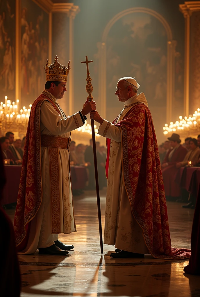 Napoleon puts crown on his head while the pope looks at him with a shocked expression