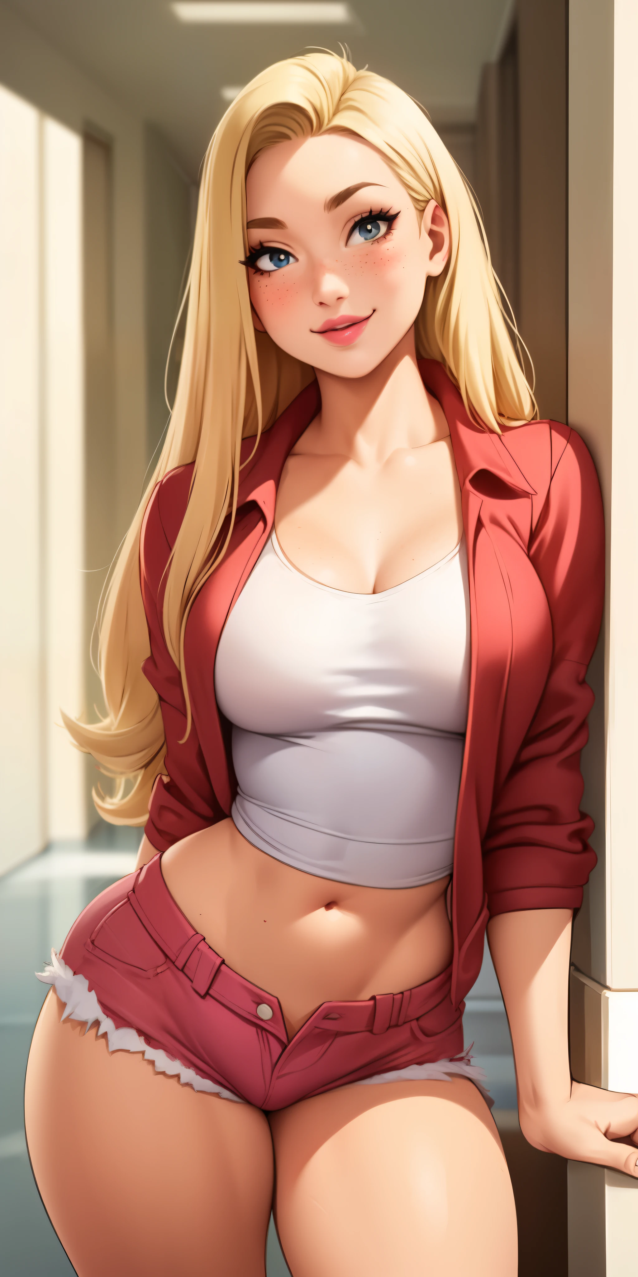 Beautiful round medium breasts, 1girl, ((Blonder hair, Beautiful straight hair, Hair parted on the right side)) ((Girl, cute girl face)) light azuis eyes, has an beautiful sensual body with freckles, with full breasts and thin waist, HIP HOP Beautiful and cute Red jacket, long denim shorts, fabric delicate, has a bold appearance. young, quality, realistic, best quality, cute expression, pink lipstick lips, Cute smile, leaning, In the building hallway, in a pose