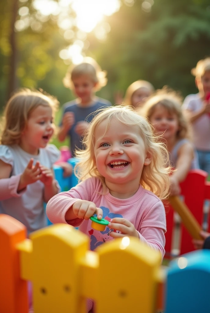 Realistic photo. , blonde, photographed in a playpen. The girl is playing with other children. The photo is taken from a great distance, in a wide shot. The girl doesn't know she's being photographed. None of the children are out of focus.