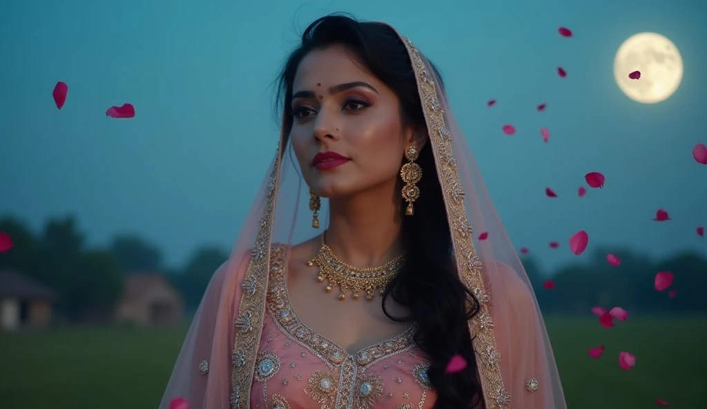 For a thumbnail image based on the song "Tere Bina," here’s a detailed prompt:
"A beautiful Punjabi woman, dressed in a flowing traditional outfit with a soft, pastel-colored dupatta draped over her head, stands under a moonlit sky. Her expression is a mix of longing and sadness, with a tear glistening on her cheek. She is surrounded by a serene rural landscape with lush green fields and a small village in the background. The moon is full, casting a gentle glow that illuminates her face, highlighting her deep emotions. In the foreground, delicate rose petals float in the air, symbolizing her love and sorrow., creating a dreamy and melancholic atmosphere."
This prompt captures the essence of a Bollywood-style Punjabi love song in a visually compelling way.