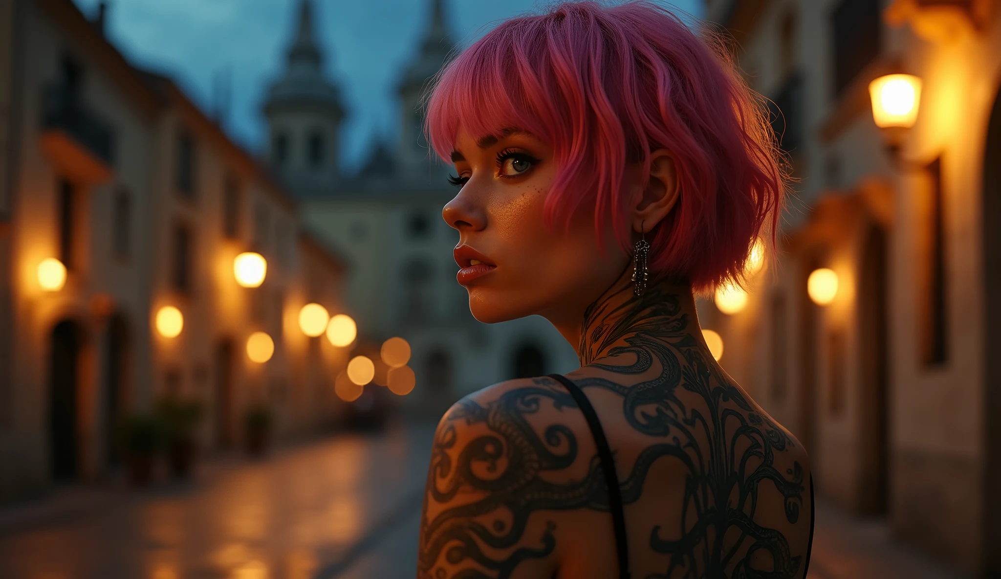 tatuados,Very beautiful big breasts、(Tears),(Back tattoo、Many tattoos on both arms and neck)、 (Barcelona at night, Gaudi architecture),Candlelight only,Very detailed, 21 years old, A beautiful woman,Depressed face, Pink Hair,short hair, blue eyes, High resolution, masterpiece, Highest quality, Intricate details, Very detailed, Clear focus, Delicate skin, practical skin texture, texture, Delicate eyes, Professional, 8k, Sad face,despair、 Shot with Canon, 85mm, Shallow and deep, Kodak Vision Color, Exactly, Very detailed, photograph_\(Extremist\), photographpractical, practical, Post-processing, Maximum details, Roughness, Real Life, Extremist practical, Photorealism, photographgraphy, 8k ウルトラ HD, photographgraphy