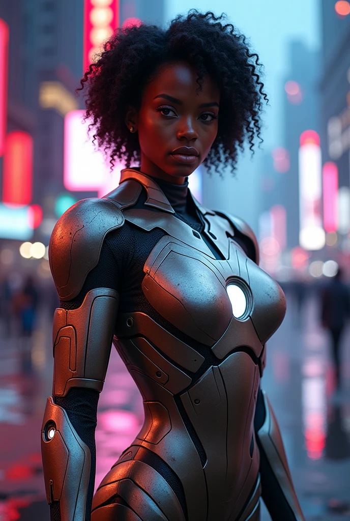 Black american girl, short curly black hair, iron man armor, huge breasts, thin waist, sensual pose,