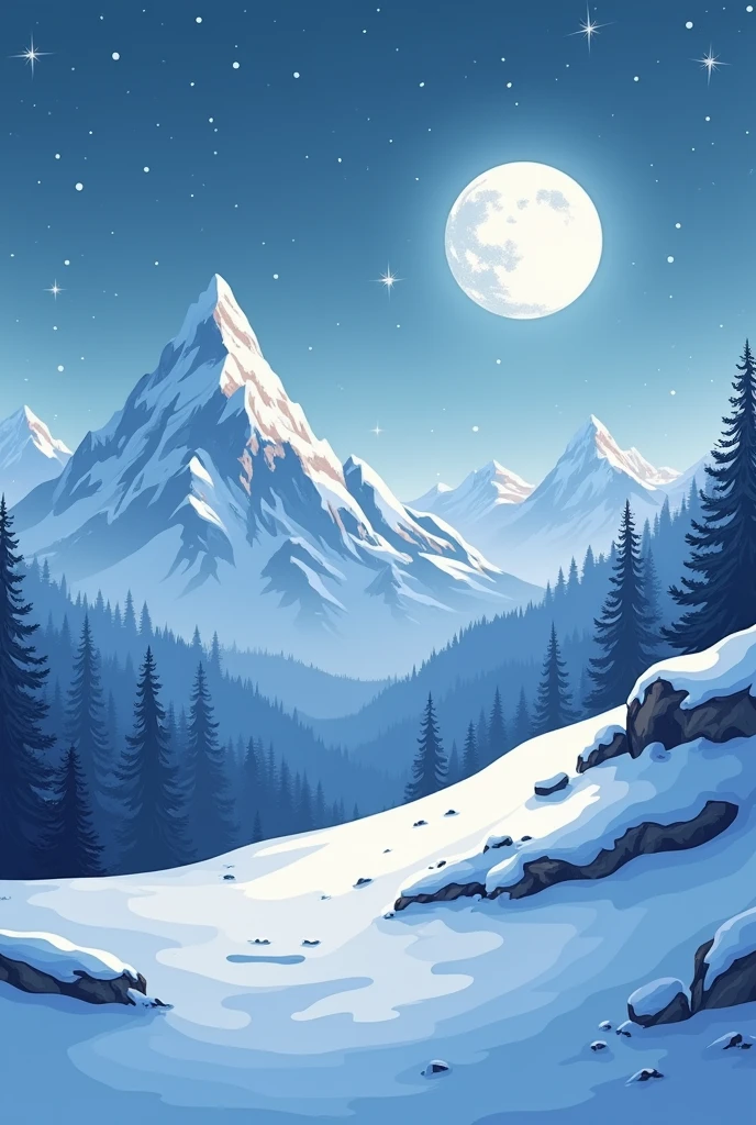 Cartoon image of a white moon shadow in the middle of a snowy mountain. Blurred image.