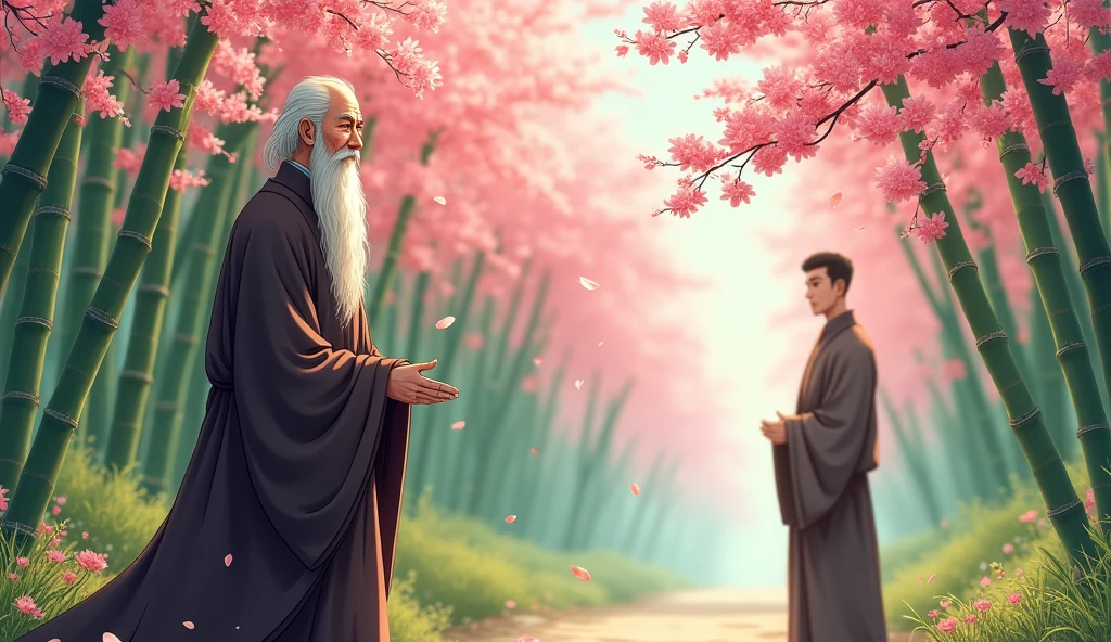 Old chinese monk master standing, desciple monk is going away, beautiful garden, in anime style,