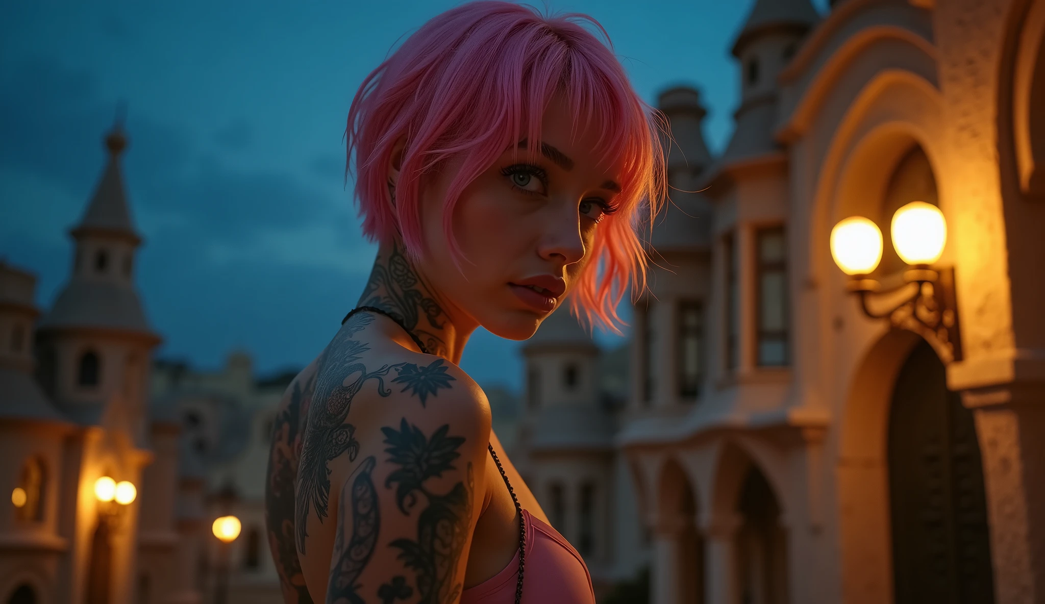 tatuados,Very beautiful big breasts、(Tears),(Back tattoo、Many tattoos on both arms and neck)、 (Barcelona at night, Gaudi architecture),Candlelight only,Very detailed, 21 years old, A beautiful woman,Depressed face, Pink Hair,short hair, blue eyes, High resolution, masterpiece, Highest quality, Intricate details, Very detailed, Clear focus, Delicate skin, practical skin texture, texture, Delicate eyes, Professional, 8k, Sad face,despair、 Shot with Canon, 85mm, Shallow and deep, Kodak Vision Color, Exactly, Very detailed, photograph_\(Extremist\), photographpractical, practical, Post-processing, Maximum details, Roughness, Real Life, Extremist practical, Photorealism, photographgraphy, 8k ウルトラ HD, photographgraphy