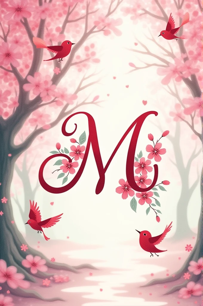 Elegant cursive uppercase letter M with cherry blossoms and birds