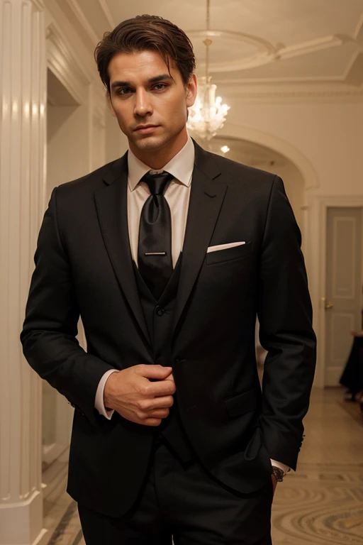 Create an image of a man in a black suit and tie at a formal event. The background is plain and neutral. The man should have a neutral expression and be standing straight.