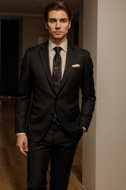 Create an image of a man in a black suit and tie at a formal event. The background is plain and neutral. The man should have a neutral expression and be standing straight.