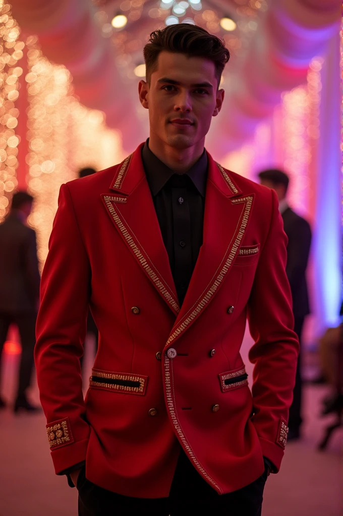 Prom 2025 jacket with red colors, black and beige