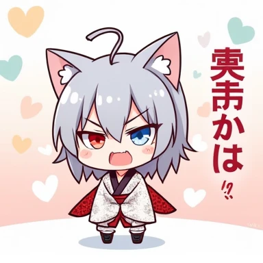 One Woman,Gray Hair,Cat ear,((Chibi Character)) Heterochromia iridis,Red eyes,,White kimono,Angry appearance,Please enter text in the bottom right corner of the fantasy image,A very popular font,