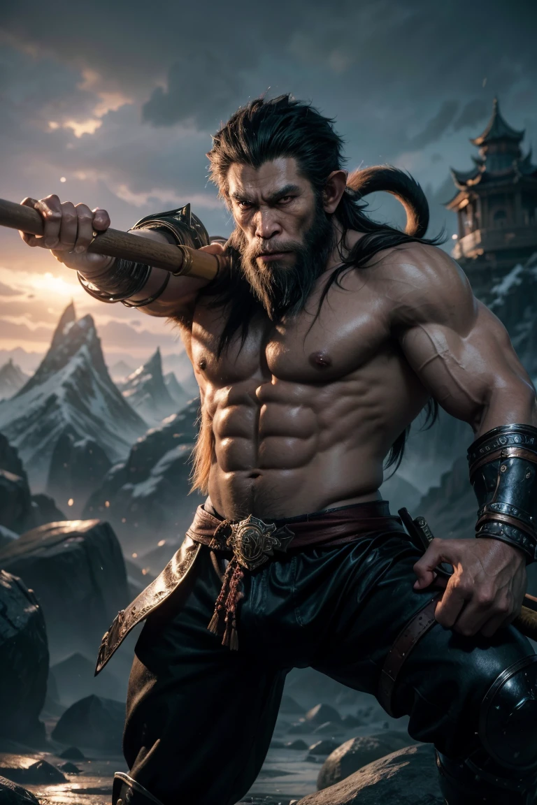 Create a dramatic and realistic looking thumbnail for your game launch "Black Mith wukong". The highlight is the imposing figure of the protagonist, wukong, a monkey god chinese mythology, with the appearance of an anthropomorphic monkey, armed with a sword and a hammer. His body is covered in mysterious runes and his eyes glow with energy.. The background shows an epic and detailed scenery, with majestic mountains and a floating city. Cinematic lighting emphasizes the heroic and adventurous atmosphere, conveying the sense of adventure and action the game has to offer. with a vivid background that lives up to the epic description above