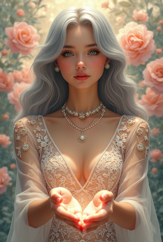 、Symmetric,daughter,whole body 女恋,Let's join hands and make it bloom,(Very detailed:1.1),((small :1.2))、The eyes are well drawn、Attractive eyes、Double Tail、Wearing jewelry or pearls around the neck,Transparent openwork、Deep V、Crystal Pearl、在Wearing jewelry or pearls around the neck,Gray Hair, Show me your thighs, Exposing shoulders, Show Collarbone, Yao Liu, barefoot,((whole body))、Painful posture,Captivate