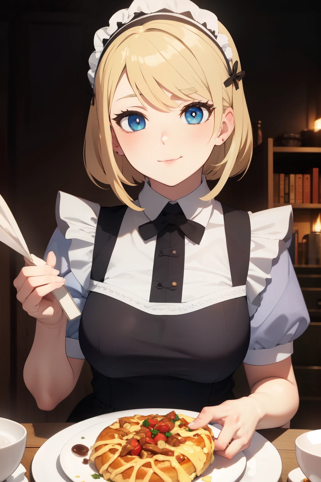 ((best quality)), ((masterpiece)), (detailed), ((1girl)), 18 years old, ((anime)), ((peasant girl)), (( dark fantasy)), ((blue eyes)), ((blonde)), ((maid apparel)), eating a lot of food, a little bit chubby