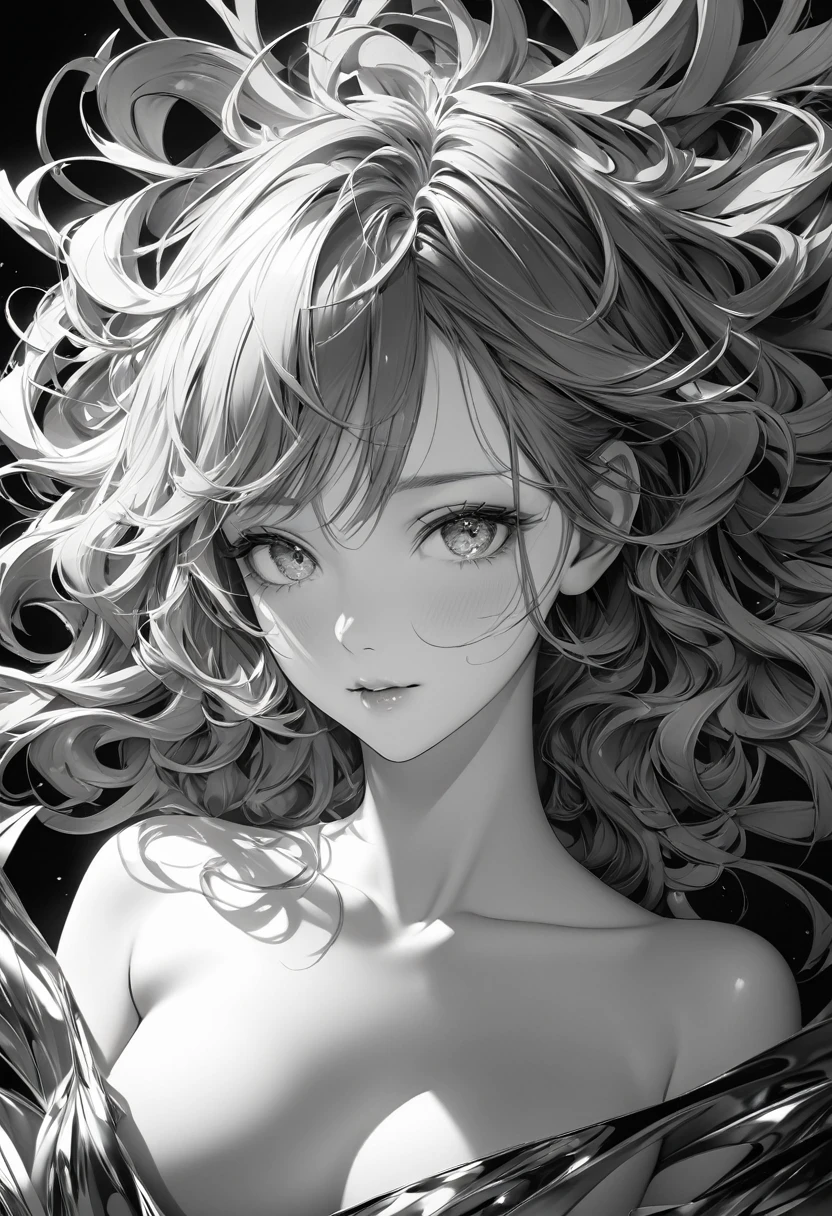 monochrome, pencil drawing, self-portrait, beautiful woman, messy hair, (attractive and seductive) and (amorous and lewd) expression, shading, shadows, contrast, conceptual installation art, (ultra detailed, absolutely resolution, best quality:1.3), 2.5D, delicate and dynamic effects, iridescent effects, artistic, hyper, graphic CG digital art