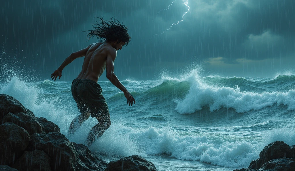 Kai is a lean, wiry teenager with tanned skin from long days spent under the sun. His hair is dark and unruly.A flashback to the darkest moment of the storm, the boy nearly lost in the overwhelming waves."**