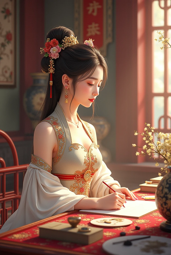 A beautiful and lovely Chinese girl wearing ancient costume,sitting in the palace,Holding a brush to write, Next to it are the four treasures of the study.。She has delicate features,Exquisite makeup,Traditional dress with floral patterns。Background incorporates classical architectural elements,Create the atmosphere。This illustration style showcases intricate details and vibrant colors.。 --ar 3:4