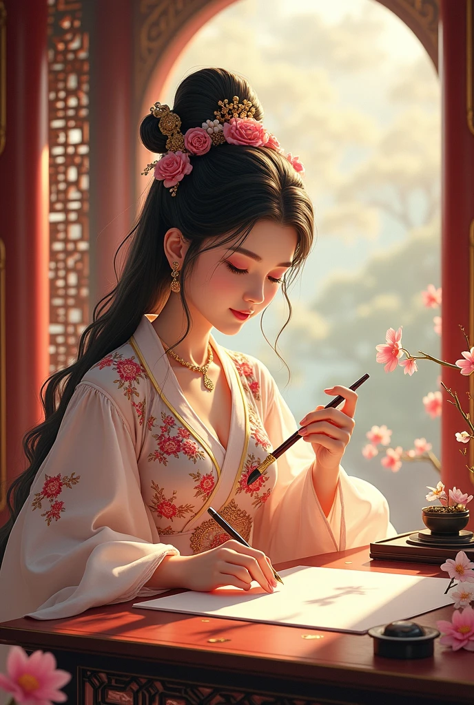 A beautiful and lovely Chinese girl wearing ancient costume,sitting in the palace,Holding a brush to write, Next to it are the four treasures of the study.。She has delicate features,Exquisite makeup,Traditional dress with floral patterns。Background incorporates classical architectural elements,Create the atmosphere。This illustration style showcases intricate details and vibrant colors.。 --ar 3:4