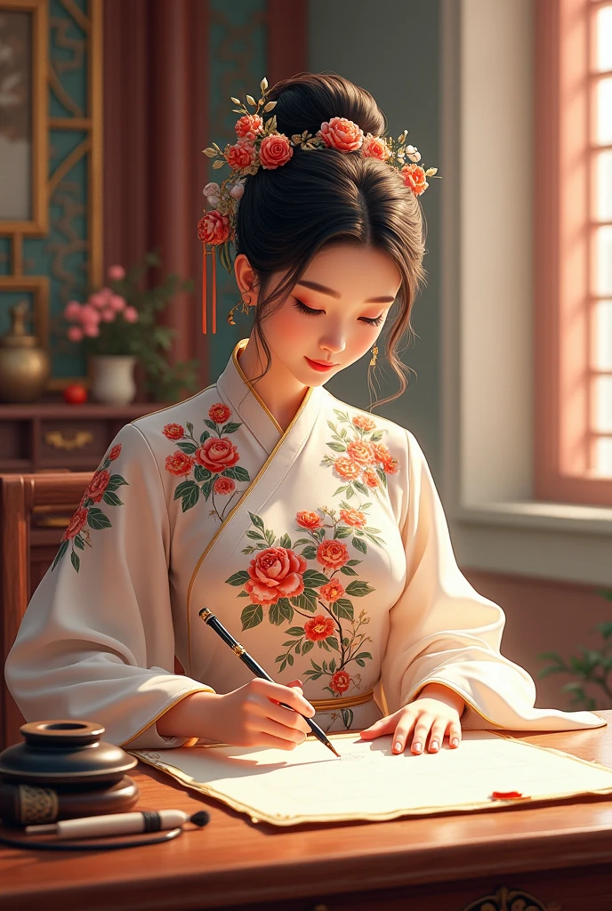 A beautiful and lovely Chinese girl wearing ancient costume,sitting in the palace,Holding a brush to write, Next to it are the four treasures of the study.。She has delicate features,Exquisite makeup,Traditional dress with floral patterns。Background incorporates classical architectural elements,Create the atmosphere。This illustration style showcases intricate details and vibrant colors.。 --ar 3:4