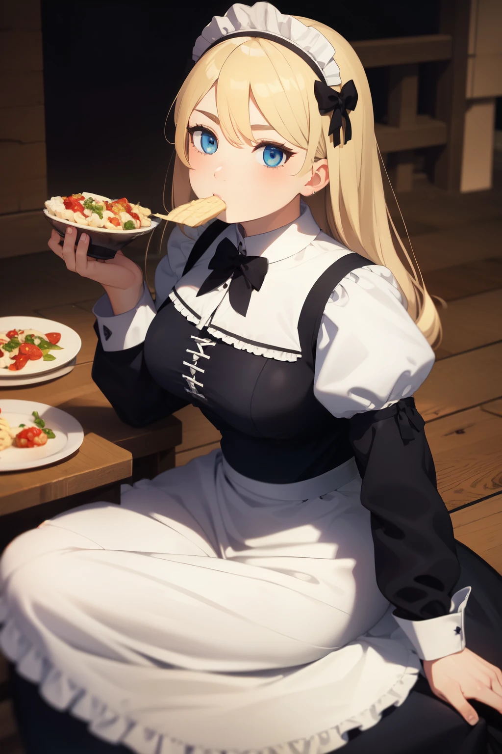 ((best quality)), ((masterpiece)), (detailed), ((1girl)), 18 years old, ((anime)), ((peasant girl)), (( dark fantasy)), ((blue eyes)), ((blonde)), ((maid apparel)), eating a lot of food, a little bit chubby