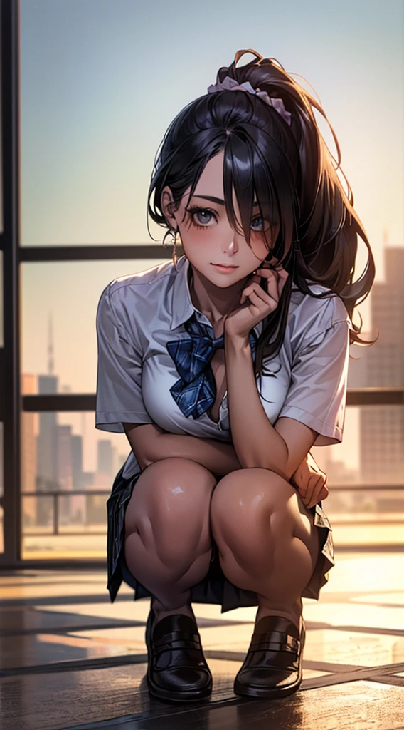 ,Ultra high definition, High detail, Textured skin, Retina, High resolution,
(masterpiece:1.2, top-quality), (realistic, photorealistic:1.4), beautiful illustration,
looking at viewer, full body, front view:0.6,
1 girl, japanese, high school girl, (long hair:1.5), blown hair, (side ponytail), hair over one eye, large breasts:0.8,
beautiful hair, beautiful face, beautiful detailed eyes, beautiful clavicle, beautiful body, beautiful chest, beautiful thigh, beautiful legs, beautiful fingers,
(beautiful scenery), school,
((collared short sleeve shirt, white shirt, , grey plaid pleated skirt, blue plaid bow tie)), white panties,
(squatting, , lift up skirt, grab the hem of the skirt, hands on chest, hand between leglush,
