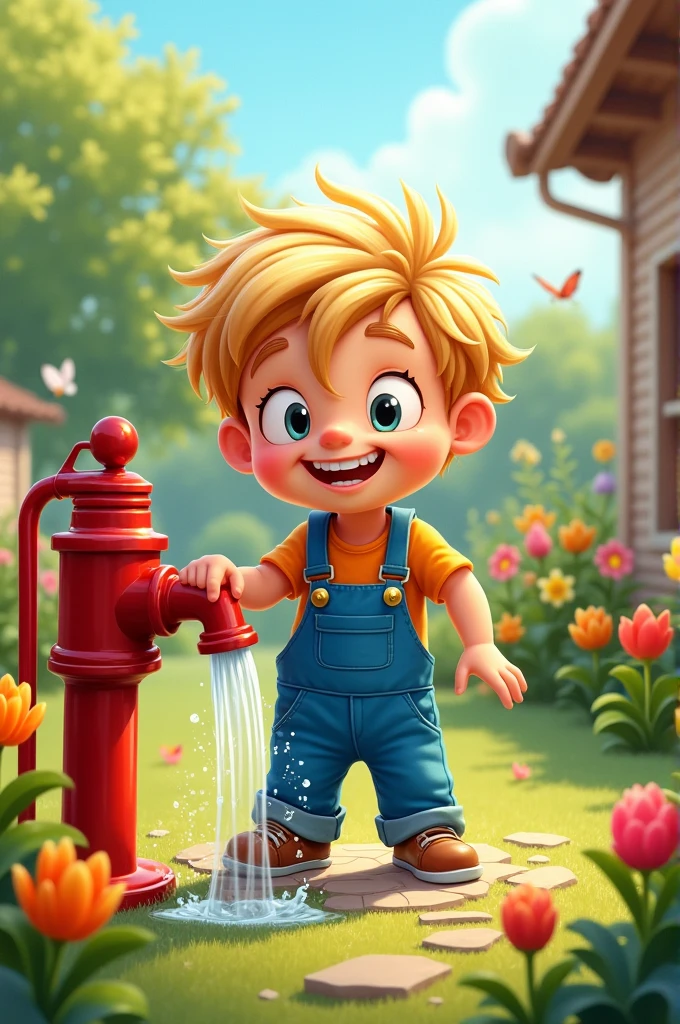 A naughty boy watering water with a water pump with which pipe cartoon style