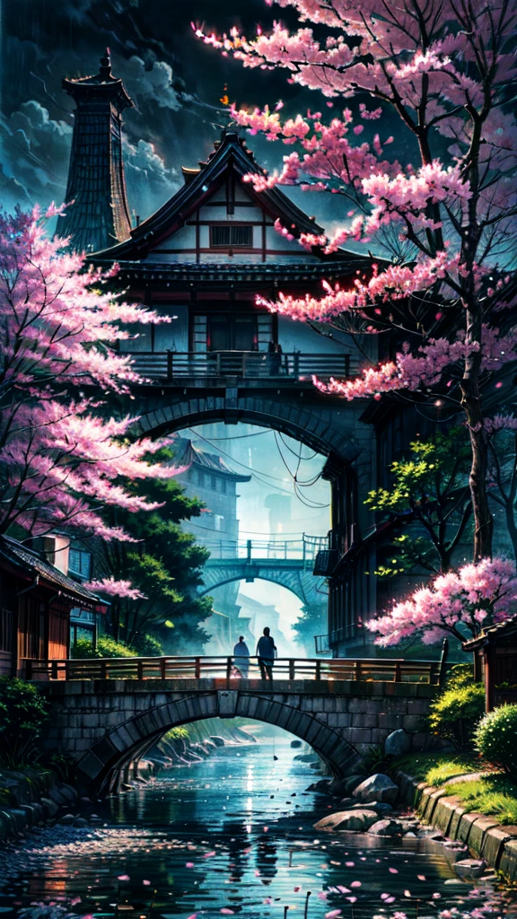 Two people walked across the bridge under the huge cherry blossom trees, Atmospheric painting style, Grey and Aquamarine, airbrush art, Dark white and dark gray, Cute--ar 35: --stylize 750 --v 6