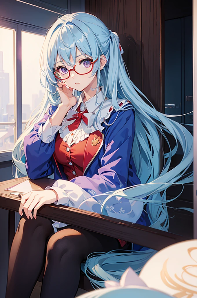 hd, Anime girl, portrait of female student, clean and meticulous anime art, light blue hair, beautiful anime art style, cute anime girl portrait, purple eyes, lovely art style, Soft anime illustration, shy, ((red jacket with white collar and rim)), thin waist, long hair, upper body, black rimmed glasses, café, sitting, leaning forward