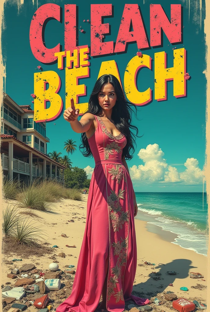Bold, distressed, and weathered title "CLEAN THE BEACH" in a gritty, vibrant, and unsettling 70's grindhouse cinema poster style, dominating the foreground with a sense of urgency, in a worn, neon-lit color scheme with acid yellows, hot pinks, and deep blues. Against this backdrop, a stunning, 30-year-old female stands out, exuding a sense of mischief and determination, set amidst the desolate landscape of Muine beach, flanked by a dilapidated resort and a calm, turquoise sea. Her dynamic posture conveys a sense of defiance, wearing a worn, vintage ao dai with intricate embroidery and faded florals, its soft folds and creases a stark contrast to the harsh environment. Her finger points accusingly at the viewer. Barren, trash-littered landscape, surrounded by shattered garbage and discarded waste, evoking a sense of rebellion and frustration. The image is rendered in a style reminiscent of Arthur Rackham and Ciruelo Cabral, with bold lines, expressive textures, and an ultra-detailed, cinematic quality, as if ripped from the reels of an analog film.