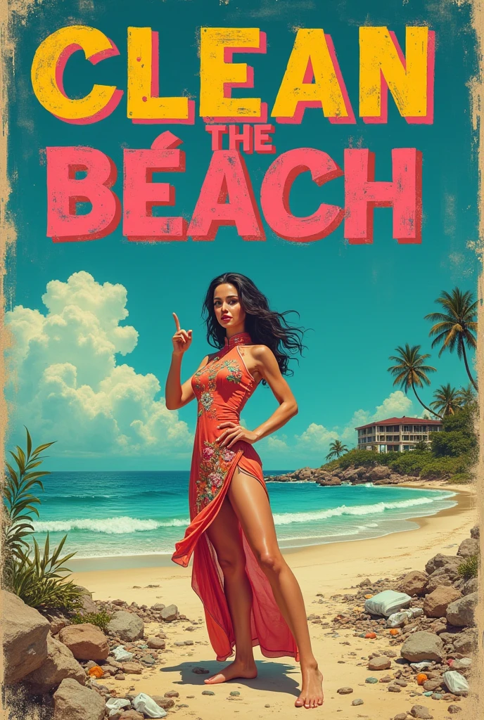 Bold, distressed, and weathered title "CLEAN THE BEACH" in a gritty, vibrant, and unsettling 70's grindhouse cinema poster style, dominating the foreground with a sense of urgency, in a worn, neon-lit color scheme with acid yellows, hot pinks, and deep blues. Against this backdrop, a stunning, 30-year-old female stands out, exuding a sense of mischief and determination, set amidst the desolate landscape of Muine beach, flanked by a dilapidated resort and a calm, turquoise sea. Her dynamic posture conveys a sense of defiance, wearing a worn, vintage ao dai with intricate embroidery and faded florals, its soft folds and creases a stark contrast to the harsh environment. Her finger points accusingly at the viewer. Barren, trash-littered landscape, surrounded by shattered garbage and discarded waste, evoking a sense of rebellion and frustration. The image is rendered in a style reminiscent of Arthur Rackham and Ciruelo Cabral, with bold lines, expressive textures, and an ultra-detailed, cinematic quality, as if ripped from the reels of an analog film.