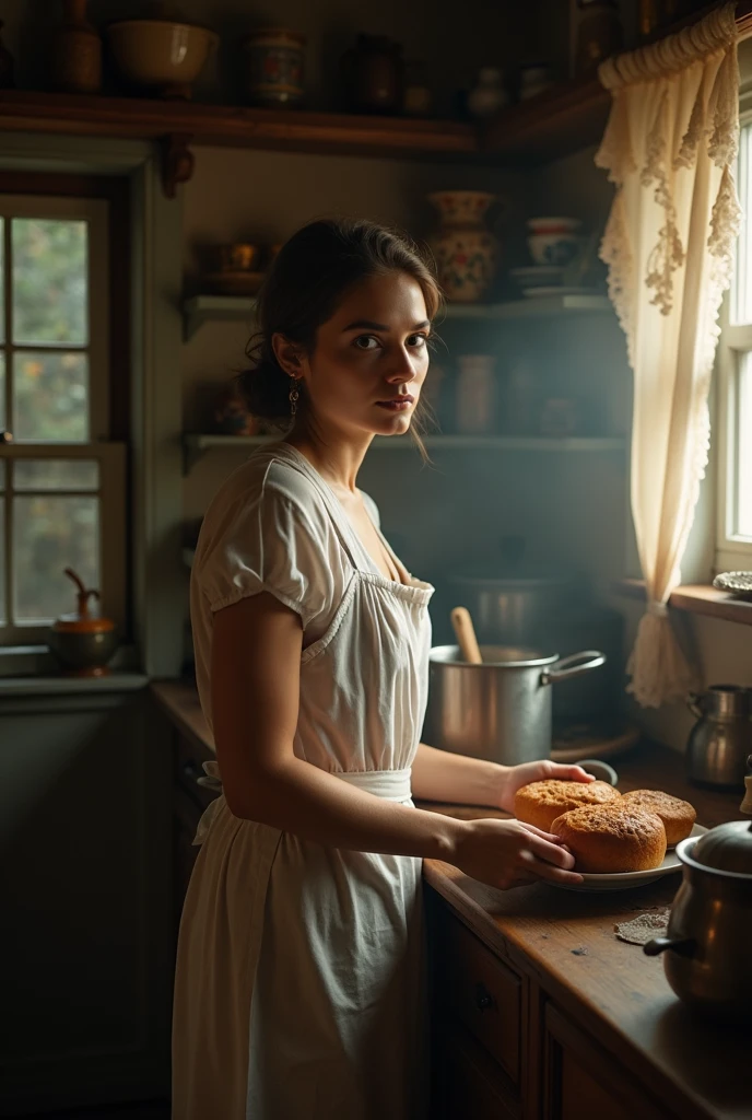 Picture a young woman in a simple yet practical kitchen dress, preparing breakfast in a dimly lit kitchen. The early morning light casts a warm glow on her face and body, but with deeper shadows to emphasize the contrast between light and dark.