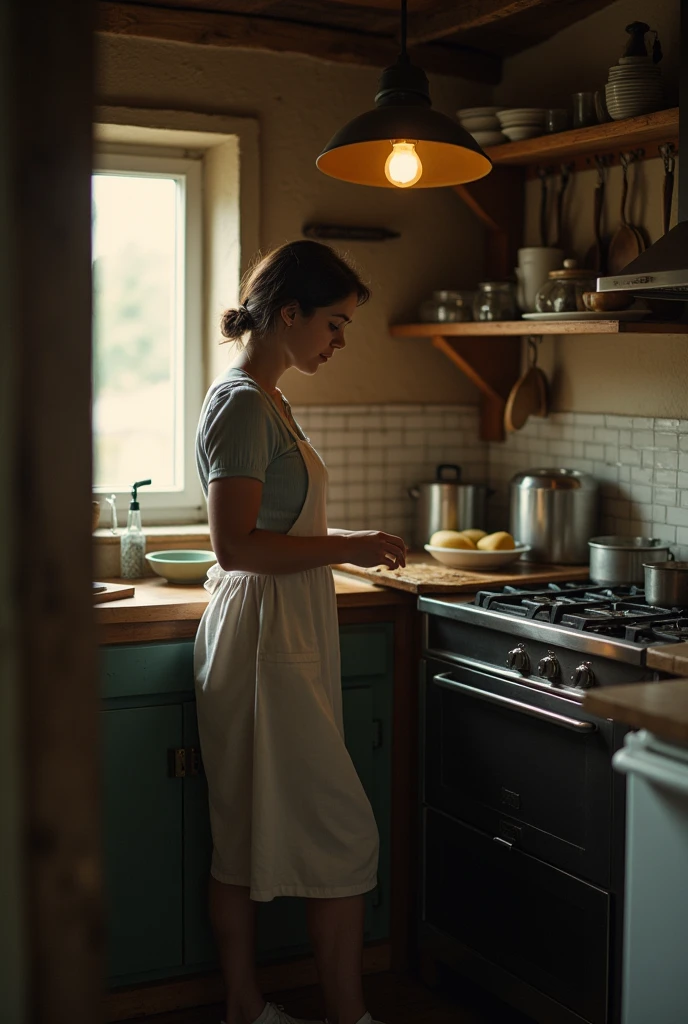 Picture a young woman in a simple yet practical kitchen dress, preparing breakfast in a dimly lit kitchen. The early morning light casts a warm glow on her face and body, but with deeper shadows to emphasize the contrast between light and dark.