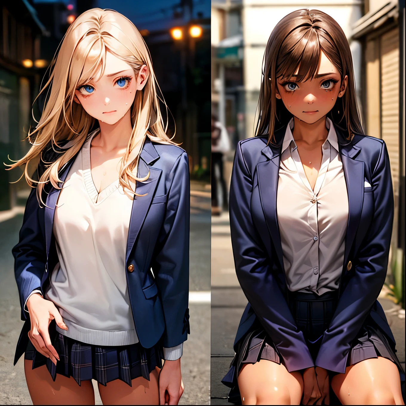 (((night,真night中))),((Perfect Anatomy:1.2,Realistic:1.3,RAW Photos:1.3,masterpiece、Highest quality、Ultra - High resolution、High resolution、Extremely detailed CG、8k)),Cowboy Shot,1 female,alone,18-year-old、High school girl beautiful girl,Japanese,((Beautiful and exquisite face and eyes:1.2,Big beautiful eyes:1.3,)),Blonde,Long Hair,(Center parted hair:1.4,amount),Medium chest,Slender body,Small Head:1.3,skinny,(Brown Skin:1.4),(Oily skin,Glowing Skin,Glowing Skin,Sweat:1.2),(school uniform、Dark blue blazer jacket、Checkered pleated mini skirt),Kneel,Dirty back alley、Tokyo、
