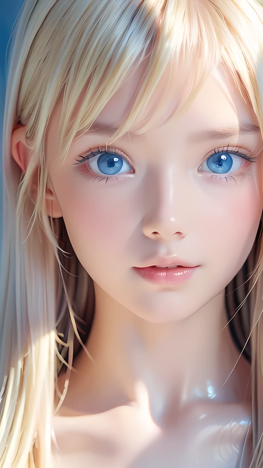 Beautiful white and shining skin、Blonde hair that changes color depending on the light、Bangs between eyes obstruct vision、Shiny highlights on the cheeks、Sexy, very beautiful, lovely, cute, gorgeous face、The most beautiful face in the world、super long and gorgeous blonde hair、Smooth straight hair、Large Breasts, Very large, Beautiful sparkling bright blue eyes、Beautiful Bangs、Beautiful cute.Small Face Beauty、Cheek Gloss Highlighter、Round face