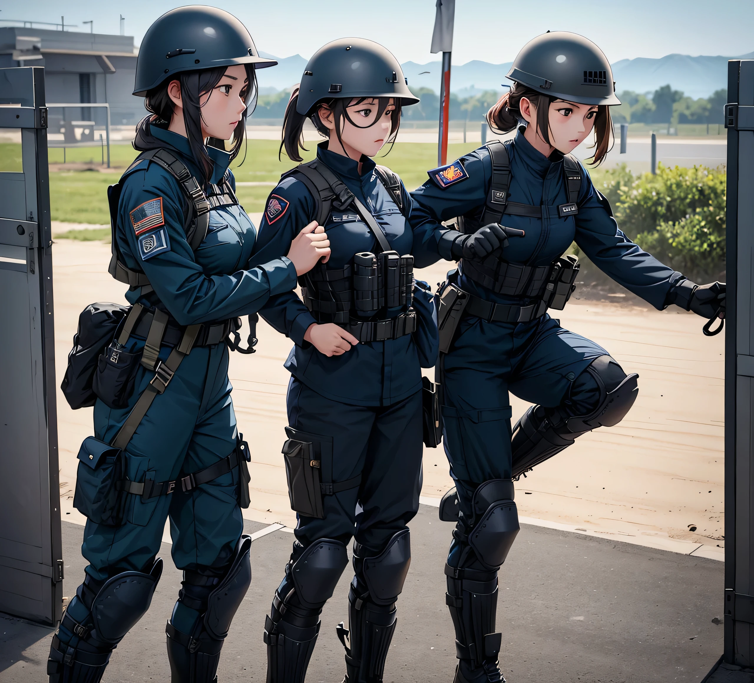 A group of female special forces soldiers wearing helmets，Wearing navy blue uniform、Military Pants、Magazine Pouch、Tactical harness、Unarmed Combat，Knee pads，Military base gate，Write details、masterpiece、best quality、Highly detailed CG、8K picture quality