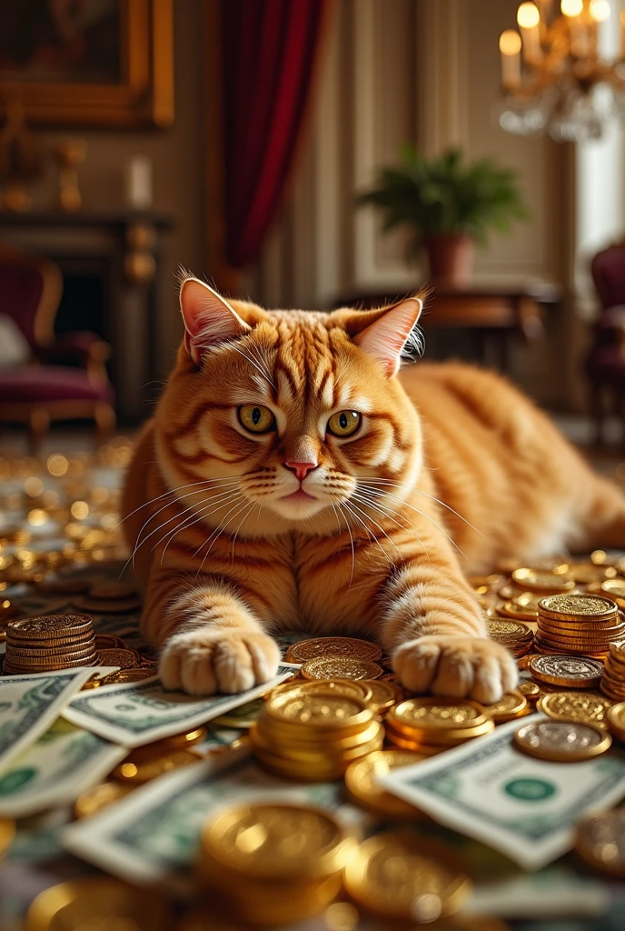 Cat on a pile of money