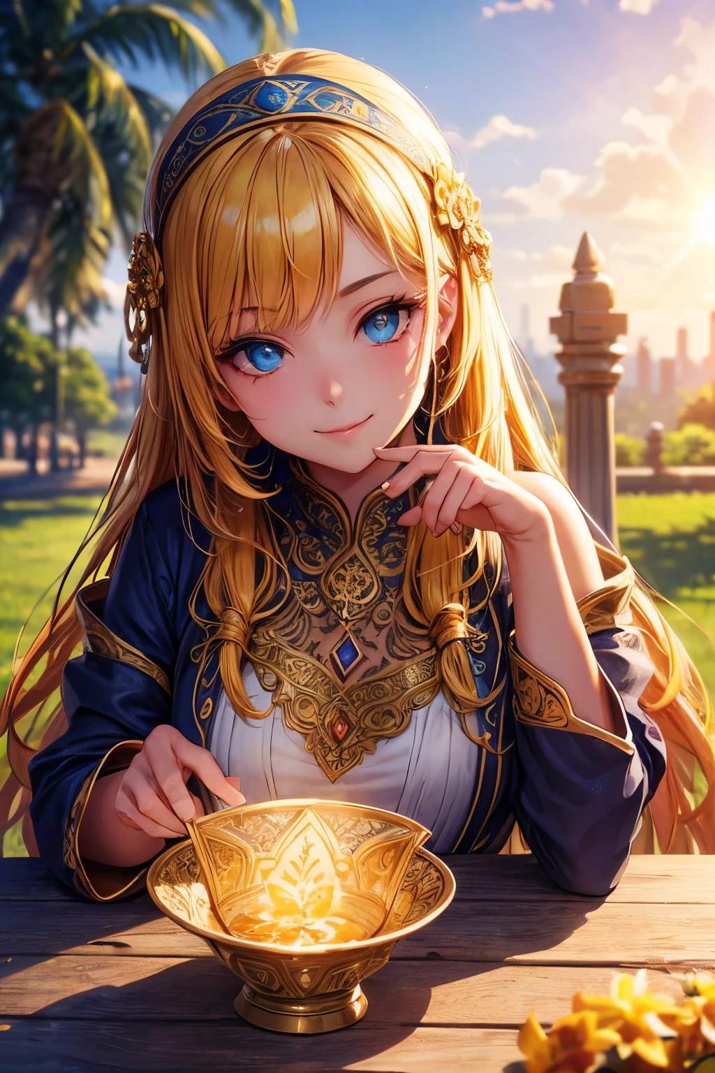 masterpiece, best quality, best quality, (Intricate details:1.2), beautiful eyes, 1 girl, alone, outdoor, blue sky, cloudy, Bokeh, lens flare, anamorphic lens flare, Depth of Field, Seductive face, seductive smile, Henna_Screwed Up, Yellow hair, Red headband, 